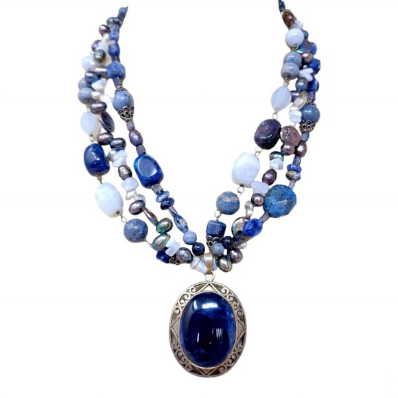 Unbranded Jewelry - Gemstone Sterling Silver Necklace 925 Blue Sodalite Lace Agate Keshi Pearls